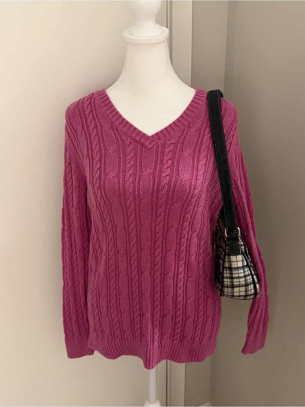 Pink Cable-Knit V-Neck Sweater